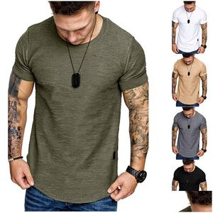 Men'S T-Shirts Curved Hem Hip Hop T-Shirt Men Urban Kpop Extended T Shirt Plain Longline Mens Tees Slim Fit Tshirts Military Bodybui Dhwqv