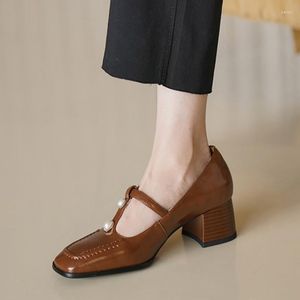 Dress Shoes Designer Women Marie Jane Mid Heels Sandals 2023 Autumn Brand Chunky Square Toe Pumps Shallow Mujer