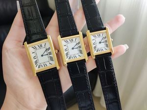 Luxury Tank Designer Watch with Leather Strap for Women and Men - High Quality Rectangle Dial couples wristwatch in 24mm, Medium, and 27mm Sizes and 31mm Men's Sizing