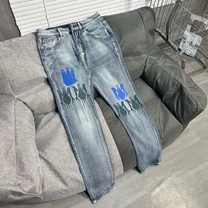 Men's Jeans Trendy Distinctive Embroidered Fashion Stretch Light Color Printed Pants Painted Leg Stitching Rainbow Trousers