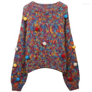 Kvinnors tröjor Vintage julkruka tröja Autumn Winter 2023 Lös rund hals 3D -färgkontrast Ball Lantern Sleeve Pullover