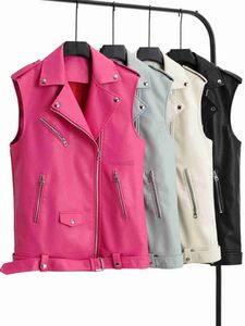 Kadınlar Deri Sahte 2022 Kadın Pu PU Sleweless Pink Ceketler Bayanlar Dönüş Yatak Fermuar Yelek Cepleri Yelek Sokak Giyim Motosiklet HKD230808