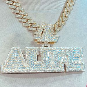 Original Design Anpassad VVS Moissanite Baguette Diamond Hip Hop Letter Namn Pendant Chain Gold Plated Men smycken halsband