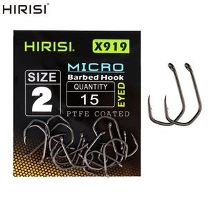 Fishing Hooks Hirisi 15pcs PTFE Coated High Carbon Steel Fish Hook Micro Barbed With Eye Carp Fishing Hook Accessories X919 230807