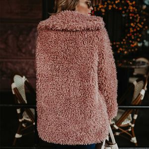 Loshaka Women Winter Jacket Coat Faux Fur Bomber Jacket Teddy Coat Trench Wool Pink Overcoat Long Sleeve Hooded Outwear T230808