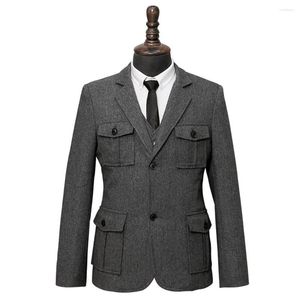 Men's Suits Winter Tweed Herringbone Men Suit/Classic Safari Blazer Trousers 4 Envelope Pocket/Unique Design Clothing 3Pcs Jacket Pants Vest