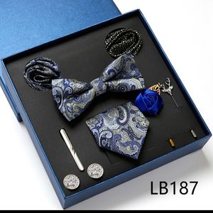 Cravatte Set di cravatte 8 pezzi Scatola regalo per uomo Gemelli con fiocco Clip Spille Cravatte di lusso Fazzoletto da taschino Fazzoletto Abiti da sposa 230807