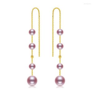 Kolczyki Dangle Sinya 18K AU750 Gold Drop z naturalnym okrągłym wysokim połyskiem fioletowe perły długie łańcuch dla kobiet 2023 s