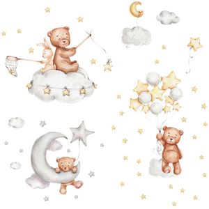 Adesivos de parede fofo urso de desenho animado coelho estrela lua para quartos de bebê decoração de quarto de bebê papel de parede meninas meninos quarto berçário adesivo 230808