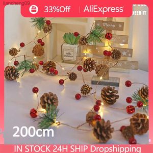 2M Christmas Garland with Light Pine Cones Jingle Bell Copper String Light for Christmas Tree Ornament Home Decors L230620