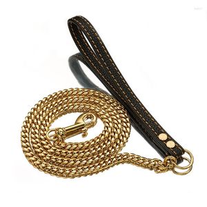 Dog Collars 10mm Stainless Steel Titanium Encrypted Chain Gold Collar Large Pet Supplies Black Leather Cuban Traction Rope