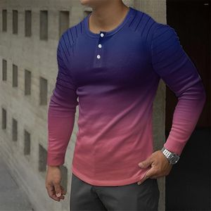 Camisetas masculinas Camisa gradiente com estampa de listras botão gola redonda manga longa para roupas masculinas fitness Ropa Hombre