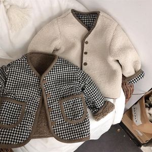 Jackets HoneyCherry Autumn and Winter Warm Jacket Children Two Sides Wear Plaid Plush Kids 230807