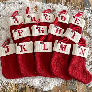 Red Christmas Socks Christmas Ornament 26 Alphabet Letters Christmas Knitting Stocking Home Christmas Tree Decoration Xmas Gift L230620