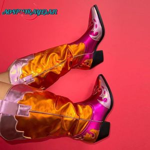Marka żeńska metaliczna 116 Mieszane modne kolory Westernowane buty kowbojowe kobiety Chunky Heels Buty 230807