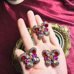 Backs Earrings Vintage Medieval Color Zircon Red Butterfly Ear Clip Earless Piercing Stud Brooch Set Women