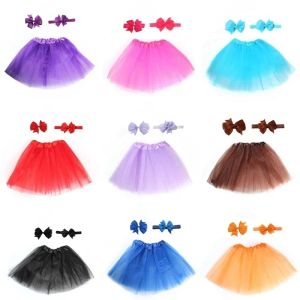 Solid Fluffy Mesh Tutu Skirt Elastic Bow Hairpin Hairband Headband Set Newborn Girls Infants Baby Toddler Kids Princess DressZZ