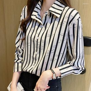 Women's Blouses Striped Chiffon Shirt Summer 2023 Print Loose Long Sleeves Top Polo Neck Ladies Casual Clothing YCMYUNYAN