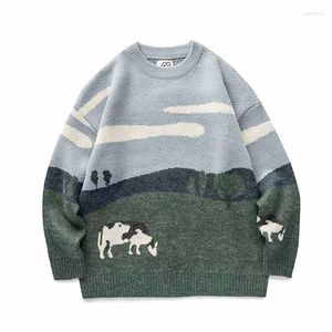 Män tröjor ungdomar män kor vintage vinter 2023 pullover mens o-hals koreanska mode tröja kvinnor casual harajuku kläder