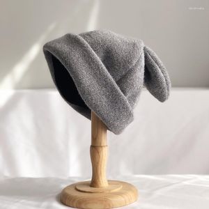 Boinas Drapeadas Orelhas De Pele Gorro Para Mulheres Outono Inverno Malha De Lã Quente Veludo Japonês Coreano Gorros Chapéus