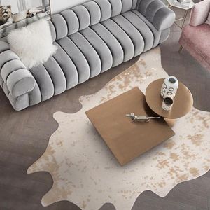 Carpets Big Size Natural Shaped Cowhide Faux Fur Rug Decorative Gold Stamped Pattern Artificial Floor Mat