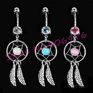 Dream Catcher Dingle Hot Sale Belly Bar Navel Ring Crystal Rostfritt stål Mixed Colors Gem Fashion Body Piercing Smycken 14G L230808