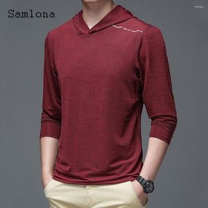 Erkek Tişörtleri Samlona Patchwork T-Shirt Uzun Kollu Kapşonlu Üst Kakiller 2023 Bahar Gündelik Seksi Erkek Giyim Homme