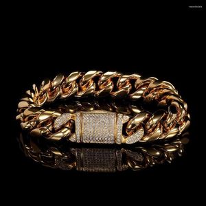 Pulseira Masculina de Aço Inoxidável Masculina Atacado Bling Iced Out Pave Dourada Cor Prata Chunky Pulseira Elo De Corrente Cubana