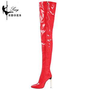 Dünne 157 Leder mit hohen Lackierschuhen im Laufe der Knie-Frauenstiefel große Stiletto sexy Stripper Schuhe Botas Mujer 230807 952