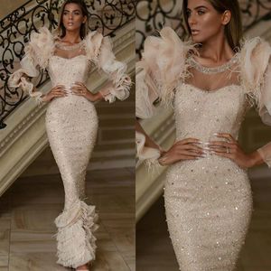 2020 Elegant Evening Dresses Jewel Neck Beaded Sequins Feather Prom Dress Long Sleeves Ruffle Tiers Floor Length Formal Party Gown262x