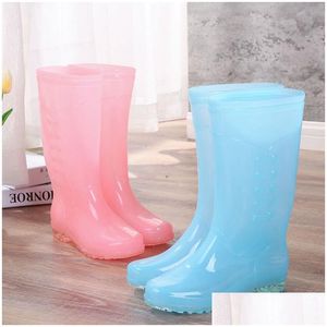 Rain Boots Pofove High Tube Women PVC 방수 작업 신발 소녀 사탕 컬러 패션 슬립 무릎 젤리 보타스 드롭 배달 acce