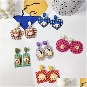 Brincos Stud Retro Sweet Cartoon Three-Nsional Design Sense Resin Lattice Square Girl Acrylic Pearl Drop Delivery Jewelry Dhgarden Dhvxx