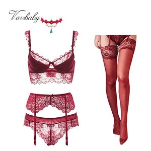 Sexy Rock Varsbaby sexy Spitze Push-up-BH-Sets BH Höschen Strumpfband Strümpfe Halskette Weihnachten 5 Stück Lose 230807