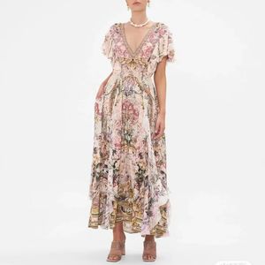 Australisk designerklänning Silk Kort ärm V-Neck barock blommig tryckt klänning