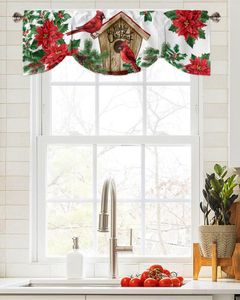 Curtain Christmas Cardinal Poinsettia Birdhouse Window Living Room Kitchen Cabinet Tie-up Valance Rod Pocket