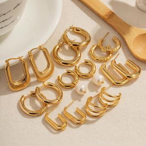 Hoop Earrings Vintage Stainless Steel Geometry Pearl Pendant Gold Color Circle For Women Heart Huggie Ear Jewelry