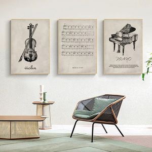 レトロなバイオリンピアノポスターとプリント楽譜北欧のキャンバス絵画ウォールアート写真リビングルームアーティストベッドルームホームデコレーションWO6