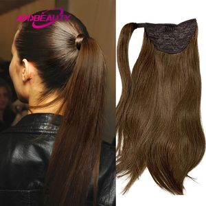 Lace Straight tail Human Hair Clips in Brazilian Wrap Around Drawstring Head Wear Hairpiece Natural 15 230807