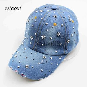 Top Caps Miaoxi Yeni Yüksek Kaliteli Kadın Şapka Kapağı Beyzbol Denim Rhinestone Caps Pamuk Snapbk Kadın Erkek Yetişkin Güneş Şapkaları Ayarlanabilir J230807