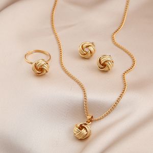 Wedding Jewelry Sets Gold Color Alloy Metal Twist Lucky Knot Earrings Necklace Ring Set for Women Girls Trendy Geometric Vintage Accesories 230808