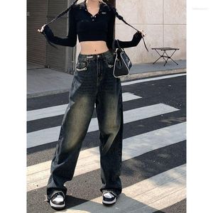 Damen Jeans Patch Washed Frayed Korean Fashion High Waist Loose Wide Leg Pants Vintage Straight Mopping Women