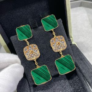 18K Gold Plating Four Leaf Clover Pendant Earrings Ladies Premium Luxury Malachite Green Jade Simple Vintage Classic Jewelry