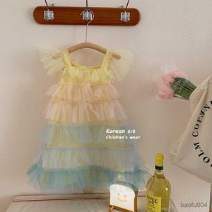 소녀의 드레스 Baju anak perempuan baju anak baru pelangi berlapis-lapis jaring gaun kue dansa putri musim panas resido baju anak r230808