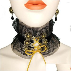 Ohrringe Halskette Set Vintage Bronze Zahnräder Schnur gebunden schwarze Spitze Steampunk Top Choker Ohrring Drop Lieferung Schmuck Sets Dhgarden Dh3Ov