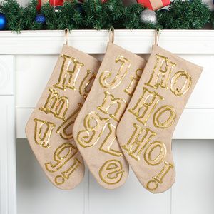 Sequin Letter Christmas Stocking Gold Sequins Embroidered Applique Hanging for Family Decorations Xmas Gift