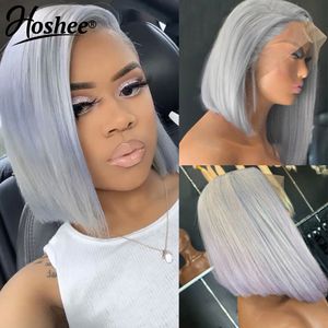 13x4 Silber Grau Kurze Bob Echthaar Perücken Für Frauen Brasilianische HD Transparent Gerade Glueless Synthetische Spitze Frontal perücke