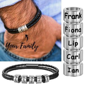 Charm Armband Anpassade familjenamn Armband för män Personliga flätade läderarmband Rostfritt stål Pärlor Charm Bangle Father's Day Gift 230808