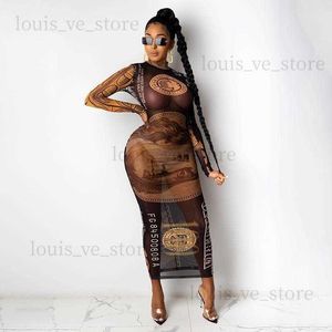 Money Printed Stretch Mesh Dresses for Women Sexy Black/gold Party Club Sheer Long Sleeve Bodycon Maxi Dress T230808