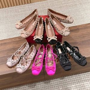Ankle Wrap Ballet Flats Women's Fashion Real silk Boat Luxury Designer Dress Shoes Wedding Party Flat Shoes with Box 35-41