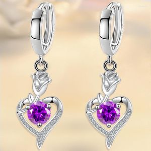 Brincos de argola de cristal roxo pedra de amor brinco de coração romântico rosa flor para mulheres na moda cor prata birthstone jóias presente